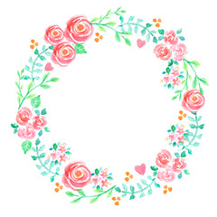 Hand painted watercolor illustration of a floral wreath decorated with beautiful summer flowers and decorative branches and leaves