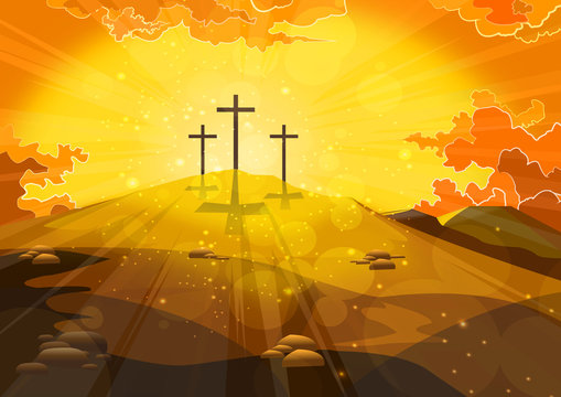 Three crucifixion cross standing on top of the hills.