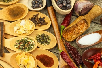 Spices on wooden spoons. Sales of exotic spices. Seasoning food. Aromatic spices.