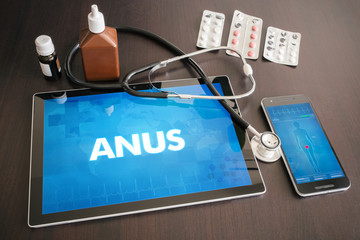 Anus (gastrointestinal disease related) diagnosis medical concept on tablet screen with stethoscope