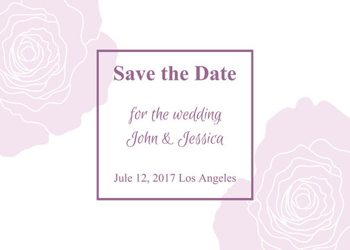 Save The Date card with pink roses isolated on white background