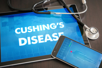 Cushing's disease (endocrine disease) diagnosis medical concept on tablet screen with stethoscope