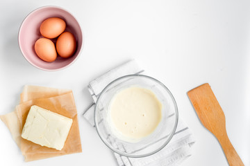 cooking pancake on white background top view ingredients for making