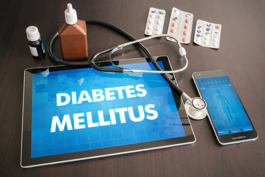 Diabetes mellitus (endocrine disease) diagnosis medical concept on tablet screen with stethoscope