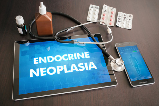 Endocrine neoplasia (endocrine disease) diagnosis medical concept on tablet screen with stethoscope