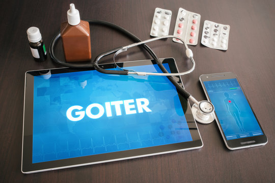 Goiter (endocrine disease) diagnosis medical concept on tablet screen with stethoscope