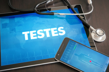 Testes (endocrine disease related organ) diagnosis medical concept on tablet screen with stethoscope