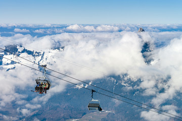 Chair lift to the high point on ski resort, sunny day