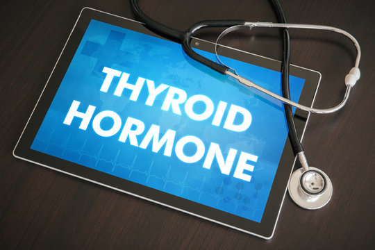 Thyroid hormone (endocrine disease) diagnosis medical concept on tablet screen with stethoscope
