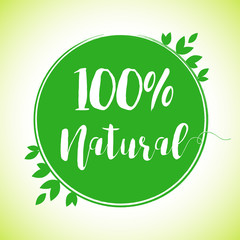 100% natural product ecology design. Vector green watercolor leaves, natural, organic, bio, eco label and shape on white background