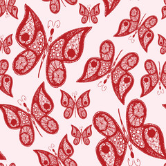 Seamless abstract pattern background with flying hand drawn butterflies. Vector illustration. Design for textile or paper.
