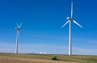 Fototapeta na wymiar Wind turbines in eolic park, Aragon, Spain