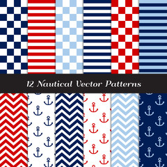 Nautical Navy, Blue, Red and White Checks, Stripes, Chevron and Anchors Seamless Patterns. Patriotic Color backgrounds. Vector Pattern Tile Swatches Included.
