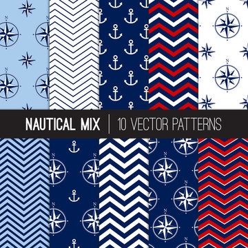 Nautical Navy, Blue, Red and White Chevron, Anchors and Compasses Seamless Patterns. Patriotic Color backgrounds. Vector Pattern Tile Swatches Included.
