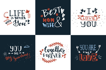 Hand drawn doodle sketch love quotes vector set. Romantic greetings 