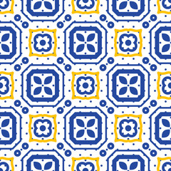 Fototapety  Blue and white mediterranean seamless ceramic tile pattern. Geometric vintage shapes vector texture for ceramic design, textile and wallpaper.