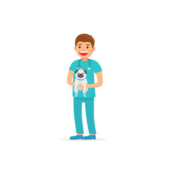 Veterinarian. Man vet holds a dog. Vector illustration in cartoon style.