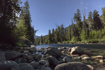 River Stars - Flowing river through the Sierra Nevada mountains at night along the Pacific Crest Trail.