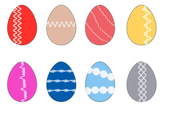 colorful Easter eggs with different patterns (stitches on the sewing machine) on a white background