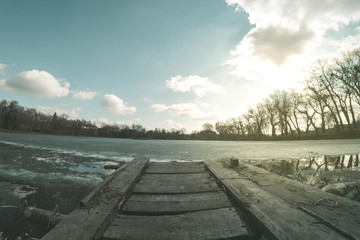 Spring landscape fisheye river on nature sunny