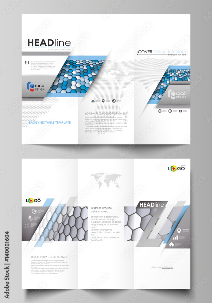 Poster Tri-fold brochure business templates on both sides. Easy editable vector layout in flat design. Blue and gray color hexagons in perspective. Abstract polygonal style modern background.