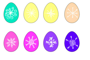 colorful Easter eggs with patterns of snowflakes on a white background