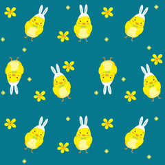 Happy Easter seamless pattern with cute little chicken character wearing bunny ears in egg. Vector illustration.