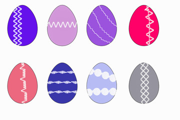 colorful Easter eggs with different patterns (stitches on the sewing machine) on a white background