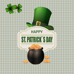 Green hat. Two leaf clover. Pot with coins. Happy St. Patrick s inscription. Against the background of the cell. illustration