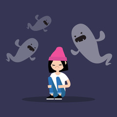 Scared girl surrounded by ghosts / flat editable illustration