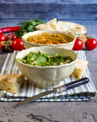 Colorful hummus bowls.