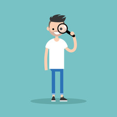 Young bearded man looking through the magnifying glass / flat editable vector illustration