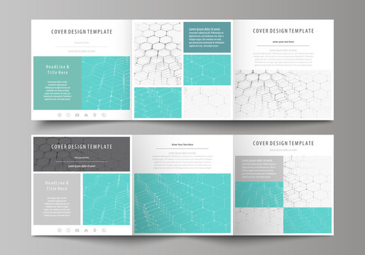 Set of business templates for tri fold square design brochures. Leaflet cover, abstract vector layout. Chemistry pattern, hexagonal molecule structure on blue. Medicine, science and technology concept
