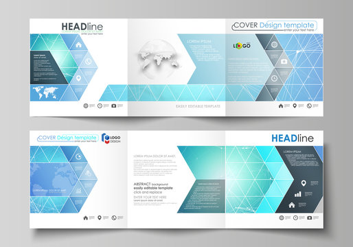 Set of business templates for tri fold square design brochures. Leaflet cover, vector layout. Chemistry pattern, connecting lines and dots, molecule structure, medical DNA research. Medicine concept.