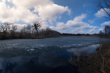 Spring landscape fisheye river on nature sunny