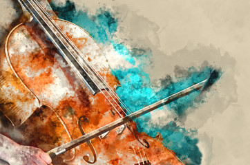 Detail of a woman playing cello art painting artprint - obrazy, fototapety, plakaty