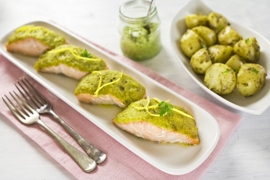 Salmon Fillets With Green Pesto And Baby Potatoes