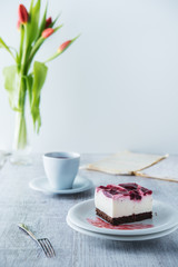 Delicious and sweet cheesecake with cherry jelly