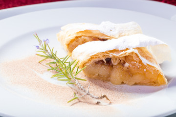 Pair of slices of apple cake on the plate with decoration and sugar