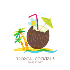 Tropical island landscape with coconut cocktail and palm tree. Vector doodle isolated illustration. Trendy flat design for summer beach party, bar menu of alcohol drinks.