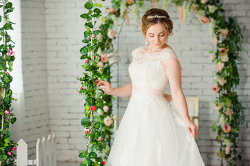 Fototapeta premium Beautiful bride before wedding ceremony in appartament