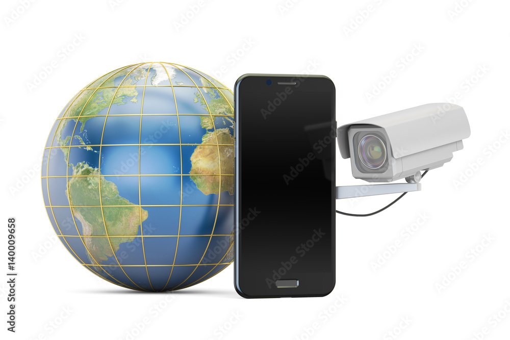 Poster security camera with globe earth and phone, 3d rendering
