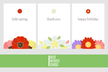 Colorful cards with flowers. Floral spring templates. Best wishes cards collection