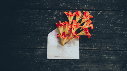 yellow spring flowers in envelope on wood background. Concept: flower delivery.
