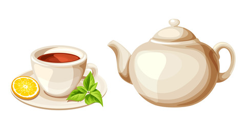 Vector white porcelain teapot and cup of tea with lemon and mint isolated on a white background.