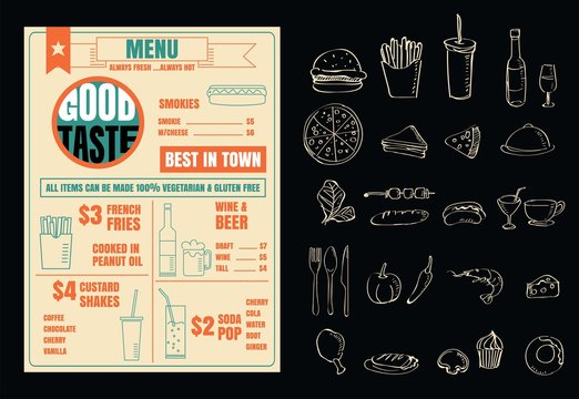 Restaurant menu design elements with chalk drawn food and drink icons line on blackboard vector format eps10