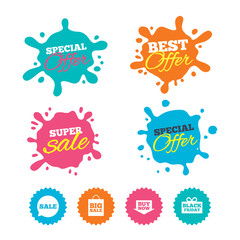 Sale speech bubble icons. Buy now arrow symbol.