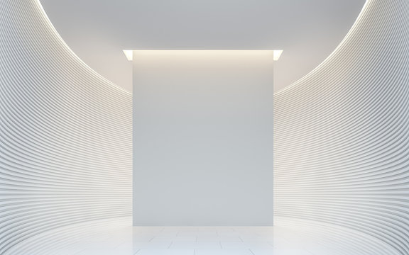 Empty white room modern space interior 3d rendering image.A blank wall with pure white. Decorate wall with horizon line pattern and hidden warm light