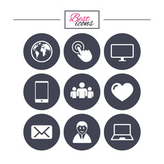 Web, mobile devices icons. Share, mail signs.