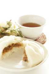 Chinese food, steamed meat bun in half with filling